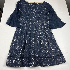 Eliza J Lace A-Line Dress Blue Bell 3/4 Sleeve Scoop Neck Wedding Formal Size 8